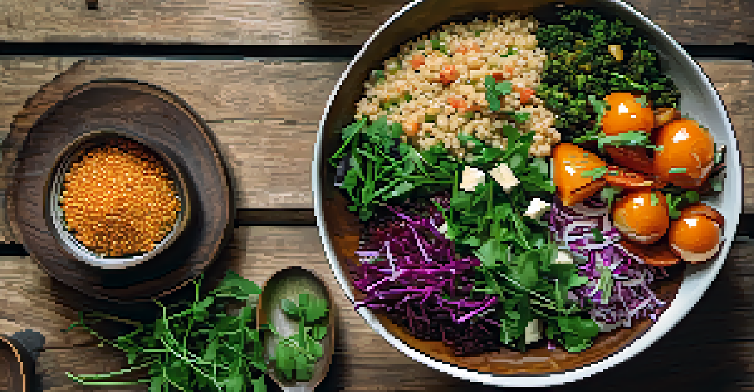 An overhead view of a vibrant plant-based meal bowl with quinoa and roasted vegetables on a wooden table.
