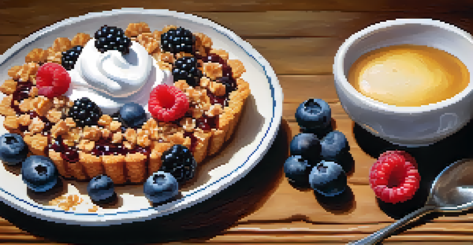 A healthy dessert spread with berry crisp, Greek yogurt, and fresh berries on a wooden table.