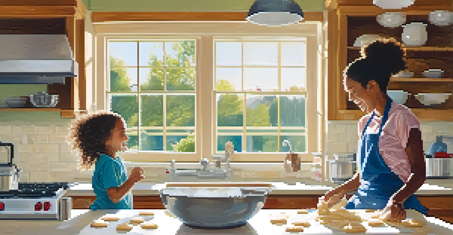A child laughing while helping a parent bake cookies in a sunny kitchen, with flour and cookie dough on the counter.