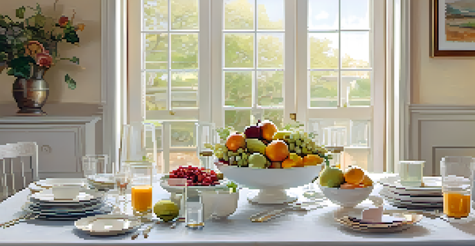 A beautifully arranged dining table with fresh fruits and elegant dishes, illuminated by soft natural light.