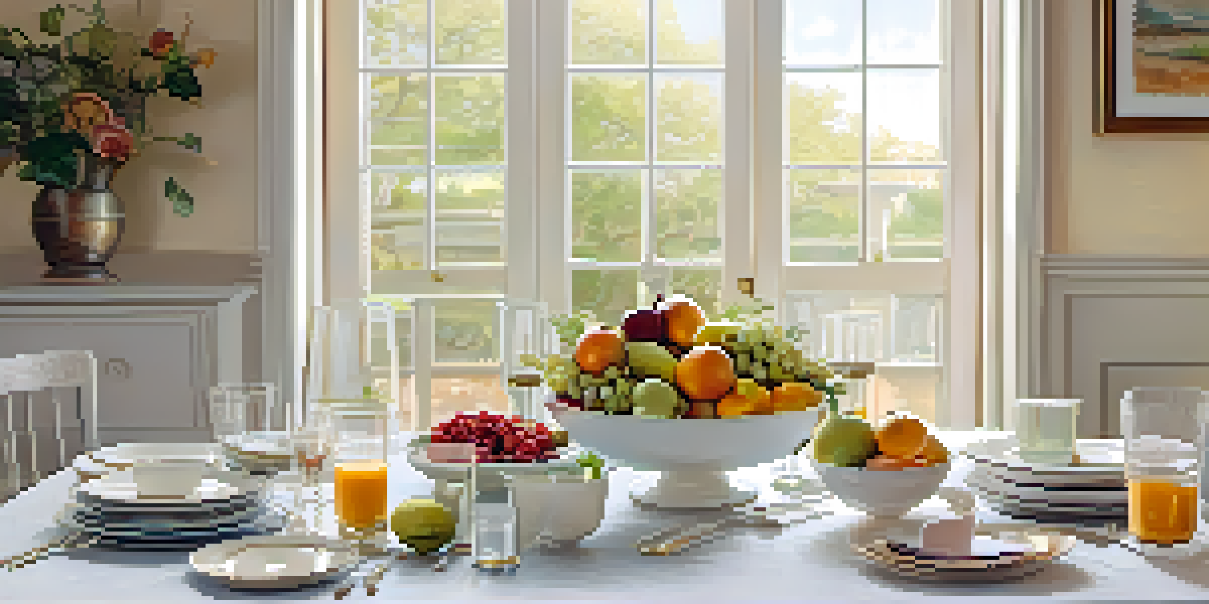 A beautifully arranged dining table with fresh fruits and elegant dishes, illuminated by soft natural light.
