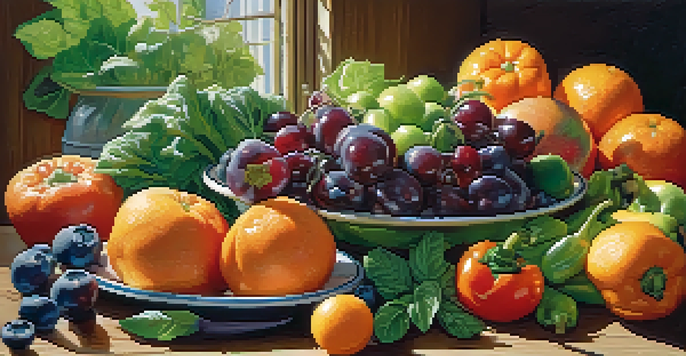 A colorful array of fresh fruits and vegetables on a wooden table, illuminated by sunlight.