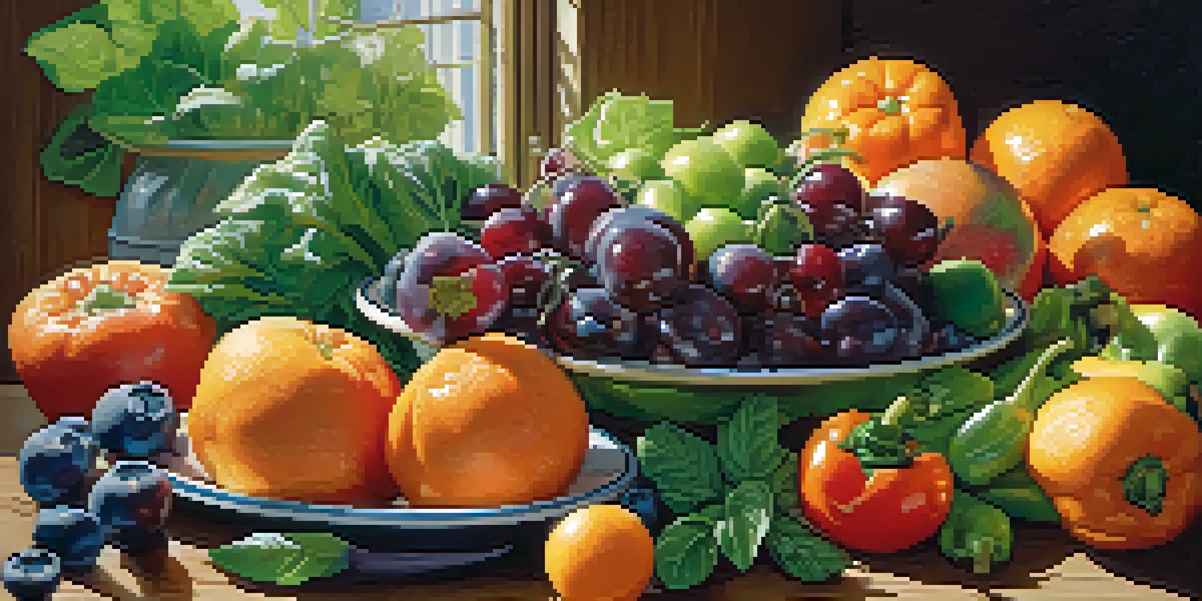 A colorful array of fresh fruits and vegetables on a wooden table, illuminated by sunlight.