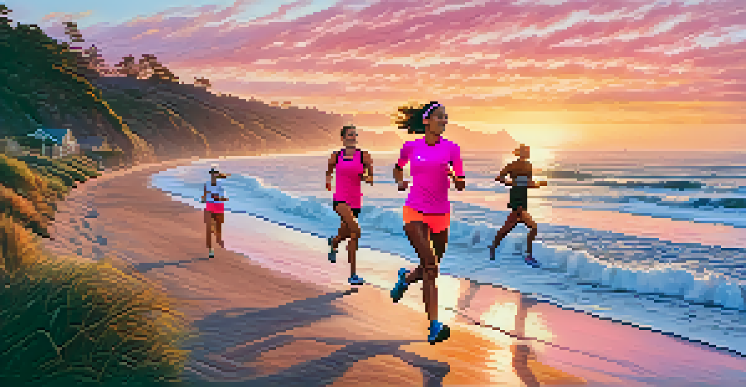 A group of runners on a coastal trail at sunrise, with a colorful sky and ocean waves creating a vibrant backdrop.