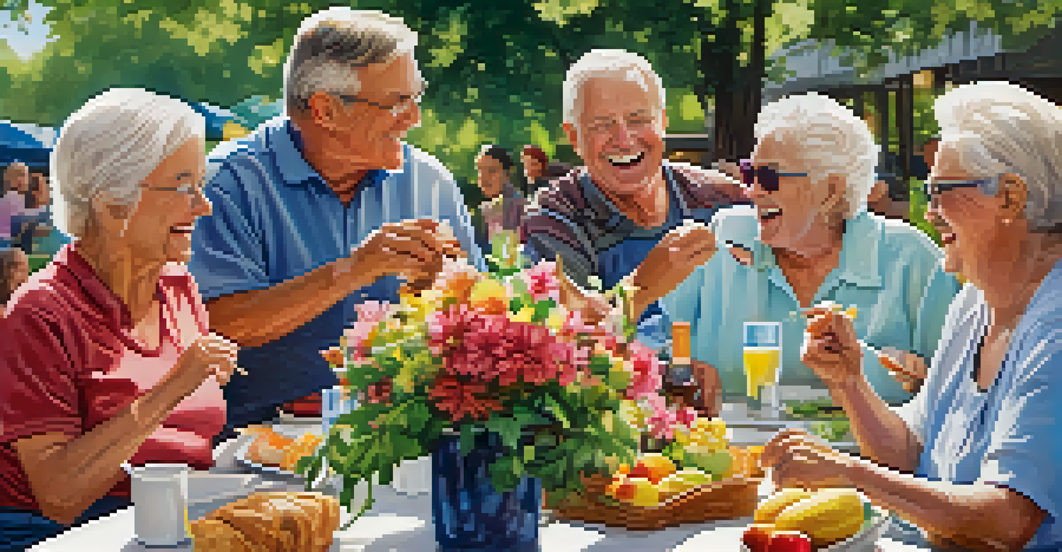 A group of older adults enjoying a picnic in a park, sharing food and laughter with vibrant flowers in the background.