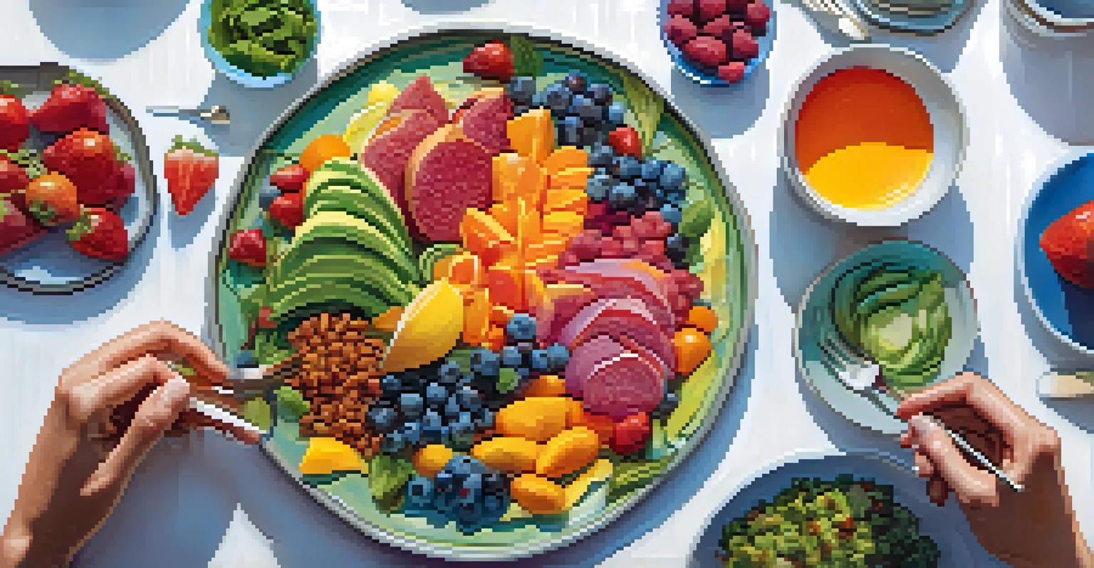 A colorful plate of healthy food being savored by a person, showcasing the practice of mindful eating.