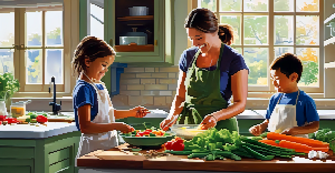 A warm kitchen with a mother and her two children cooking together, showcasing a vibrant vegetable stir-fry preparation.