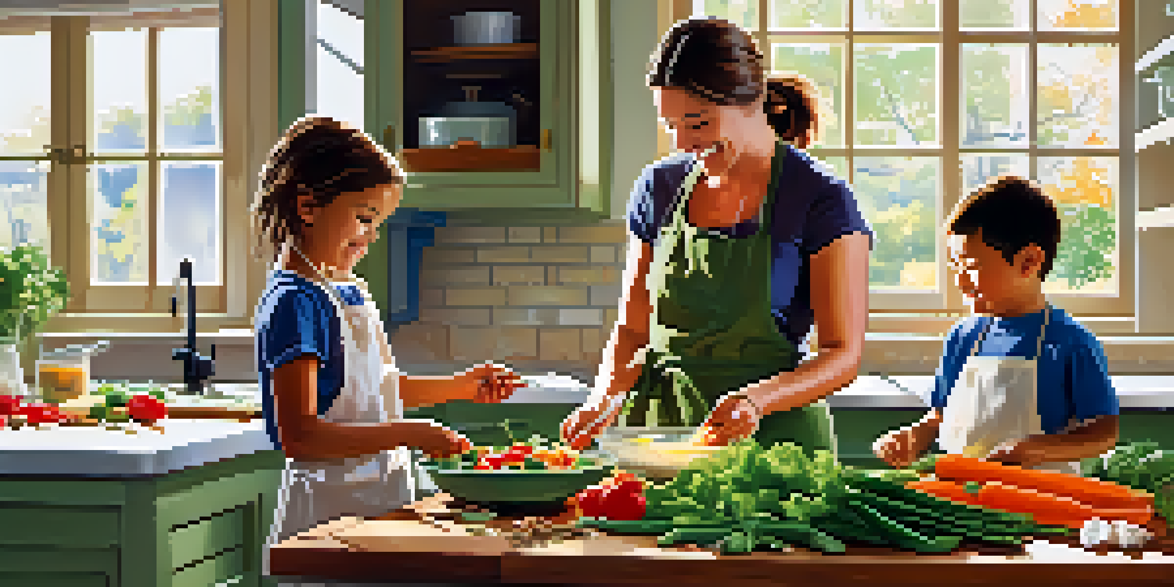 A warm kitchen with a mother and her two children cooking together, showcasing a vibrant vegetable stir-fry preparation.