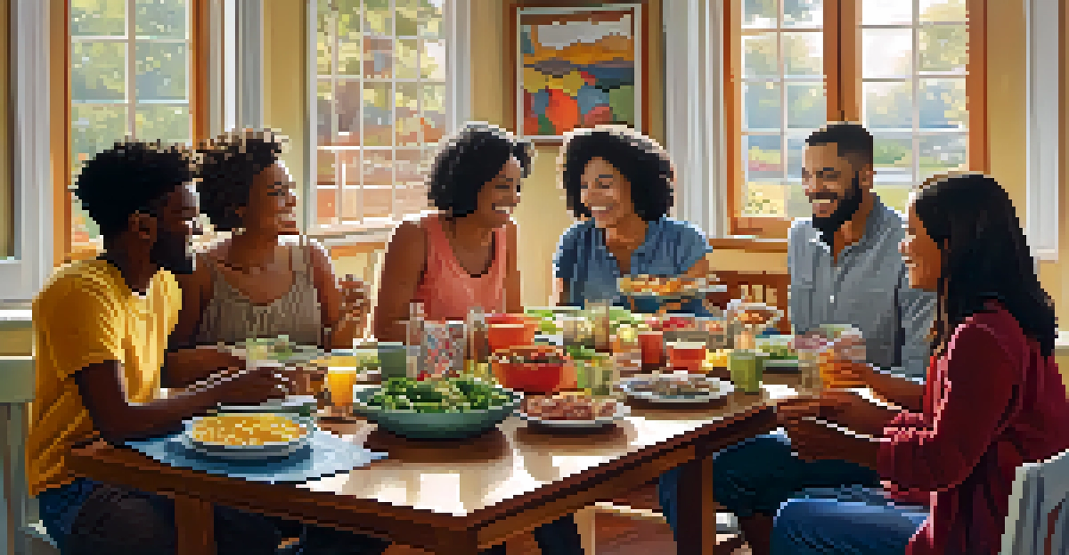 A diverse group of friends enjoying a healthy meal in a cozy living room filled with natural light, representing support in health management.