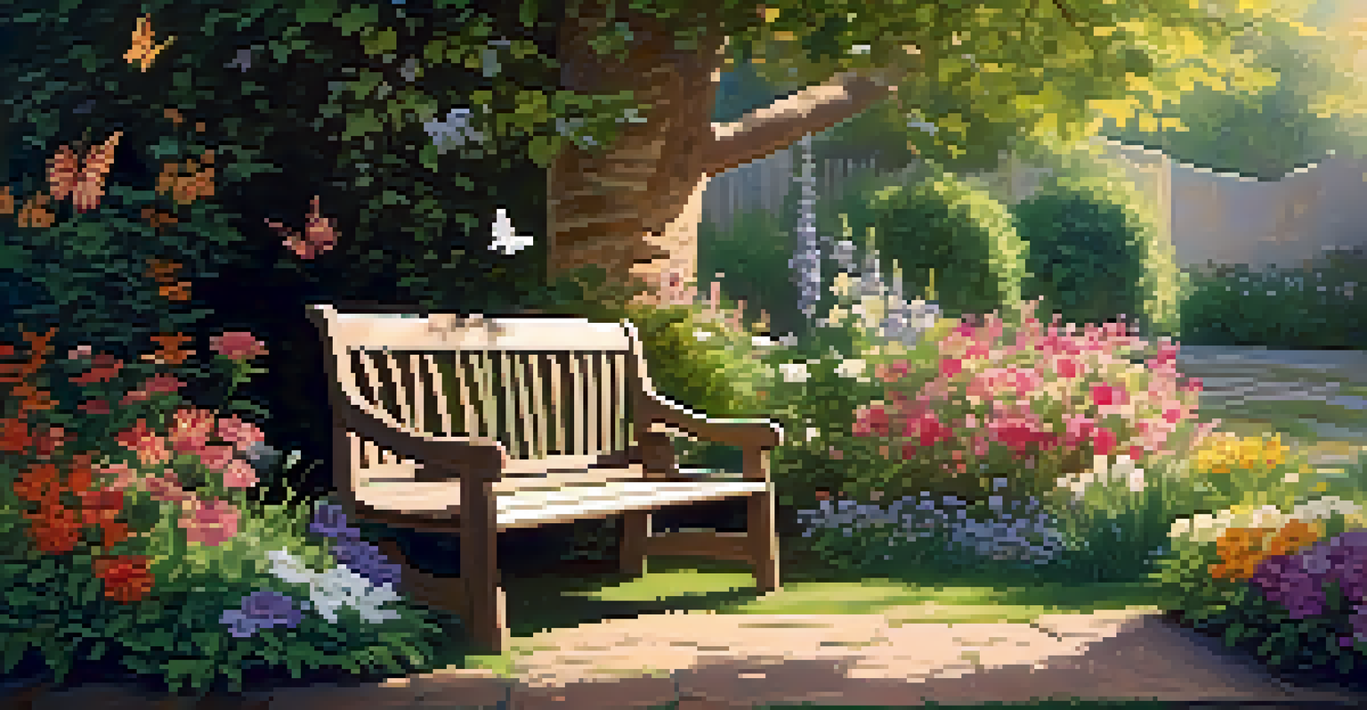 A colorful garden with blooming flowers, a wooden bench under a tree, and a butterfly in warm sunlight.