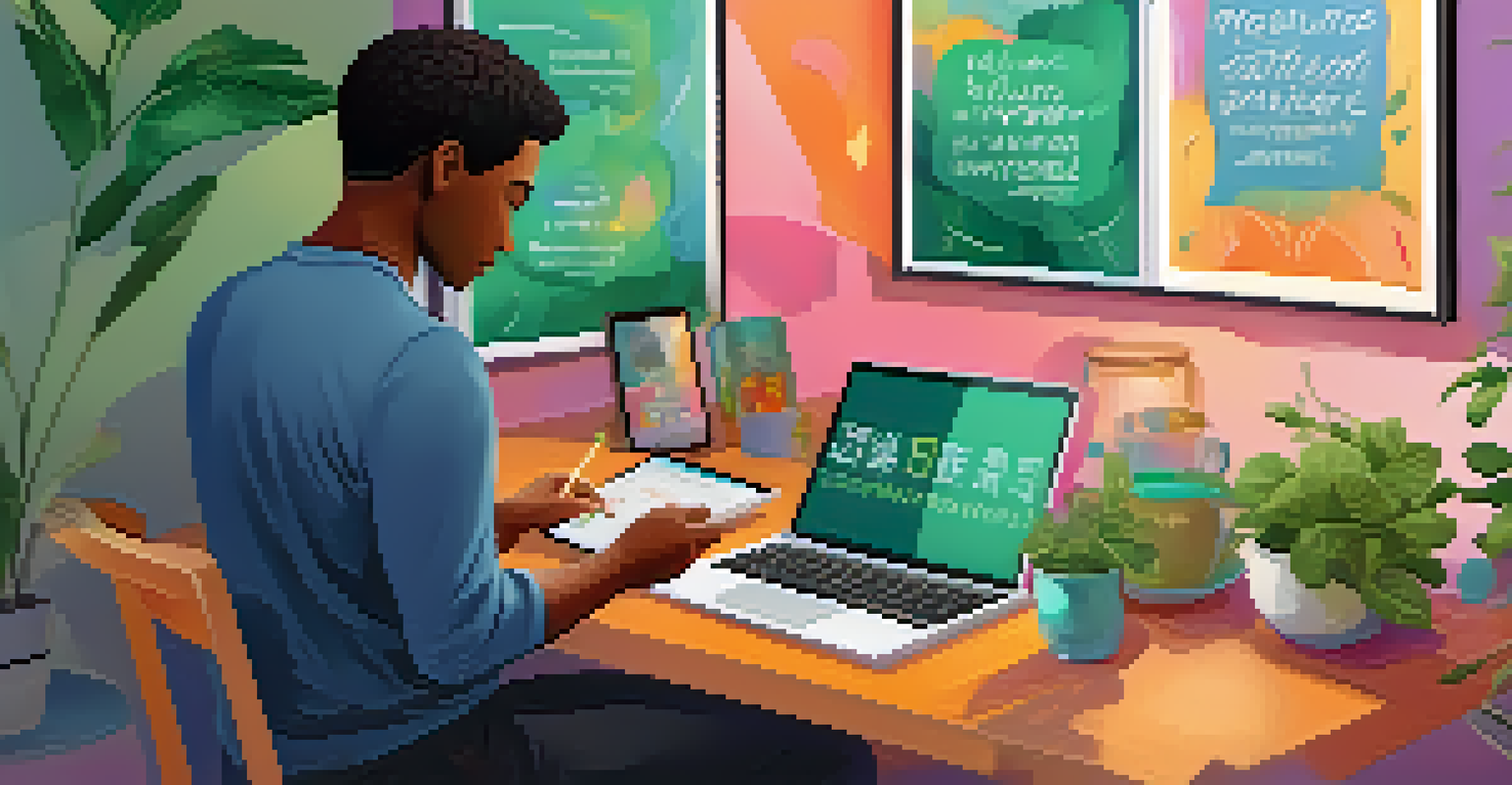 A person using a mental health app on a tablet in a colorful workspace, with motivational quotes on the wall and self-care items on the desk.