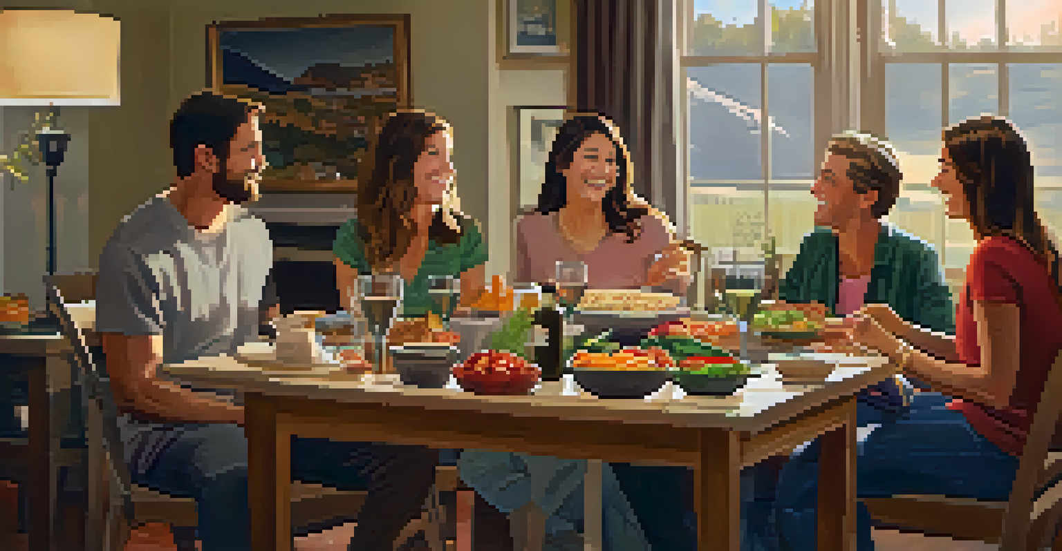 A cozy living room with friends enjoying a potluck dinner, surrounded by homemade dishes and warm lighting, creating a friendly atmosphere.