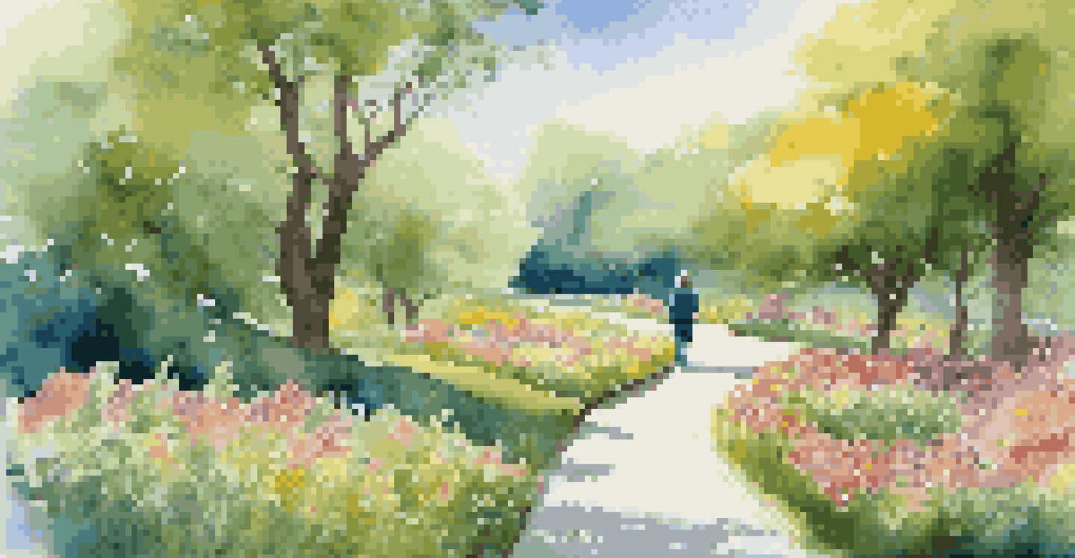 A person walking mindfully in a colorful park filled with flowers and trees.