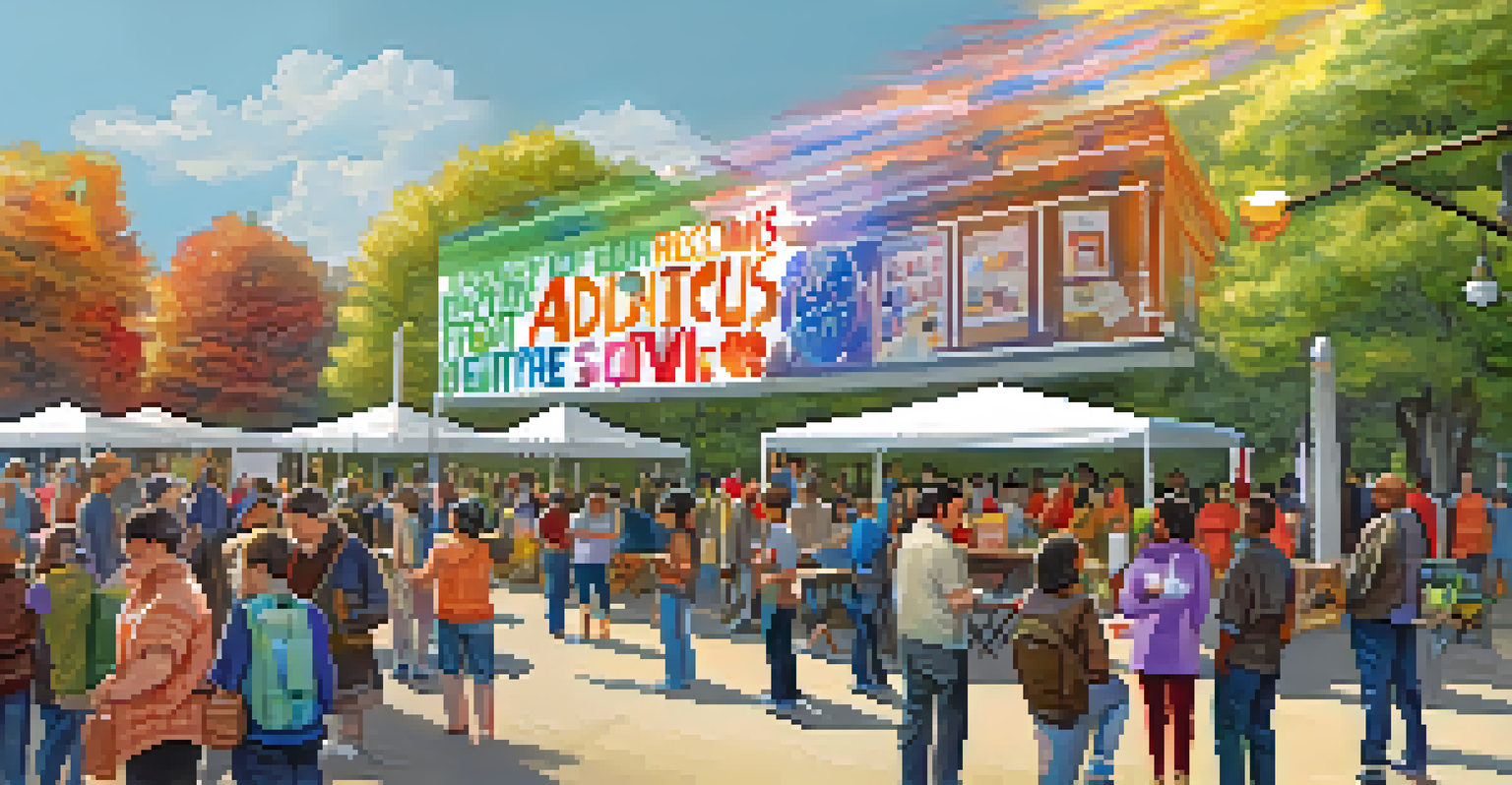 An outdoor public awareness event with a banner promoting addiction recovery, showcasing diverse attendees engaging in conversations and gathering information.