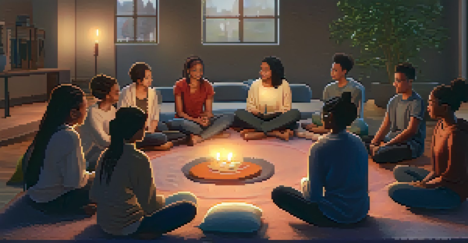 A group of students sitting in a circle on cushions, discussing mindfulness and sharing experiences in a cozy environment.