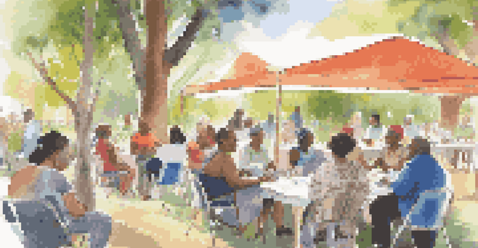 A community health workshop with diverse participants discussing health education outdoors under soft sunlight.