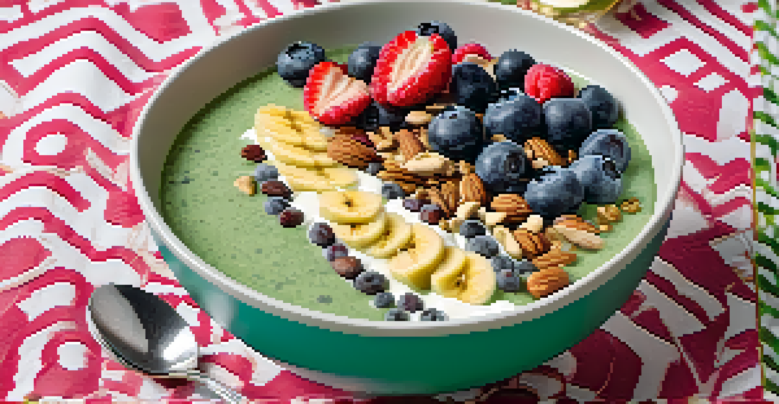A smoothie bowl made from Greek yogurt, spinach, and banana, topped with berries, nuts, and seeds, served with a spoon on a colorful tablecloth.