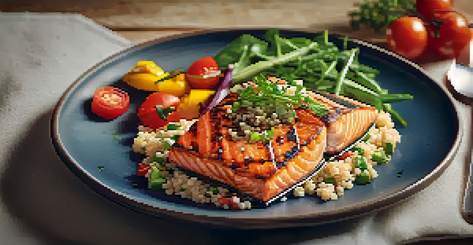 A close-up view of a nutritious meal for seniors, featuring grilled salmon, colorful vegetables, and quinoa, beautifully arranged on a plate.