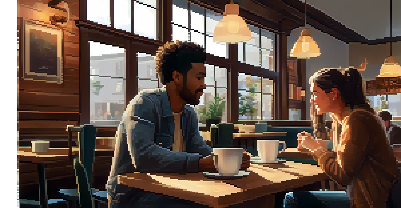 Two friends sitting at a cozy coffee shop table, engaged in a supportive conversation about mental health.