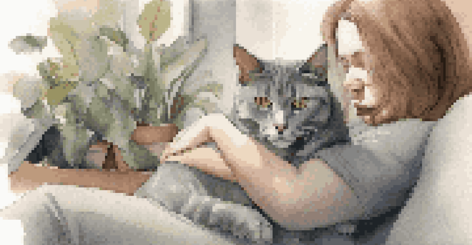 A close-up of a person petting a grey cat on their lap, illustrating warmth and companionship in a cozy setting.