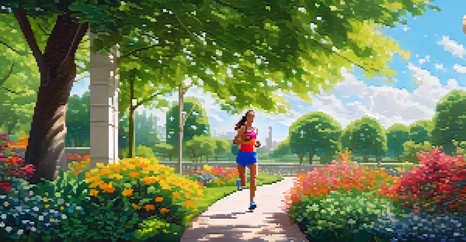 A person running in a park while using a fitness tracker, surrounded by greenery and flowers.