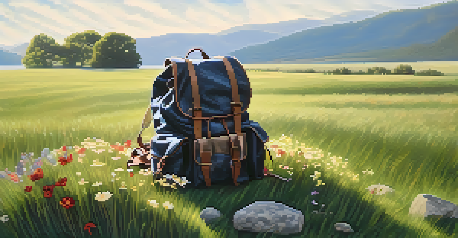 A heavy backpack filled with rocks on a grassy field, surrounded by flowers.
