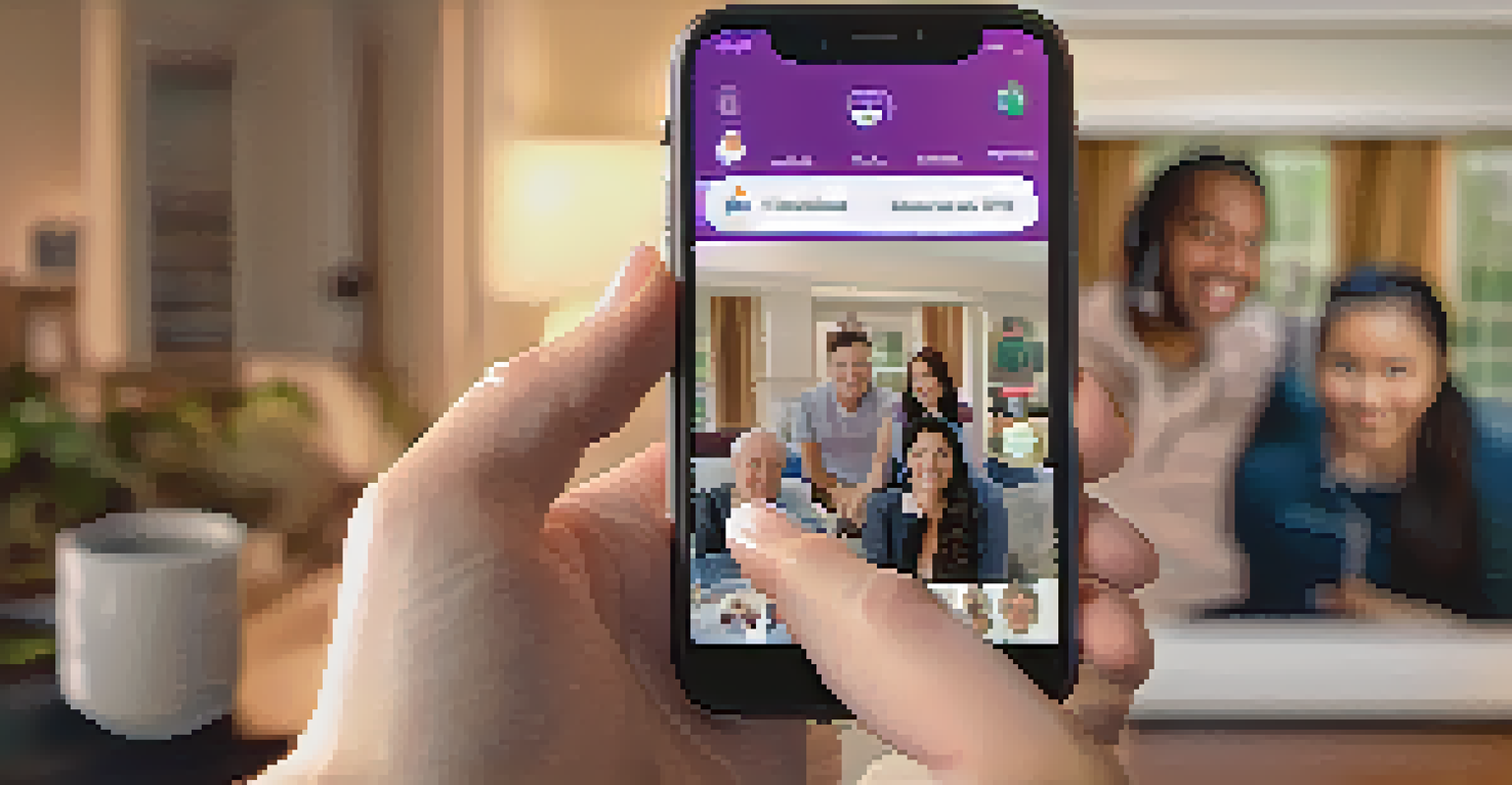 A hand holding a smartphone showing a telehealth app with diverse individuals participating in a virtual consultation.