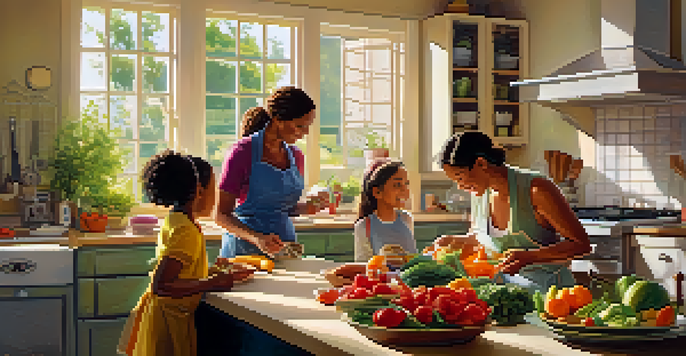 A family gathered in a cozy kitchen, cooking a healthy meal together with fresh ingredients and sunlight shining through the window.