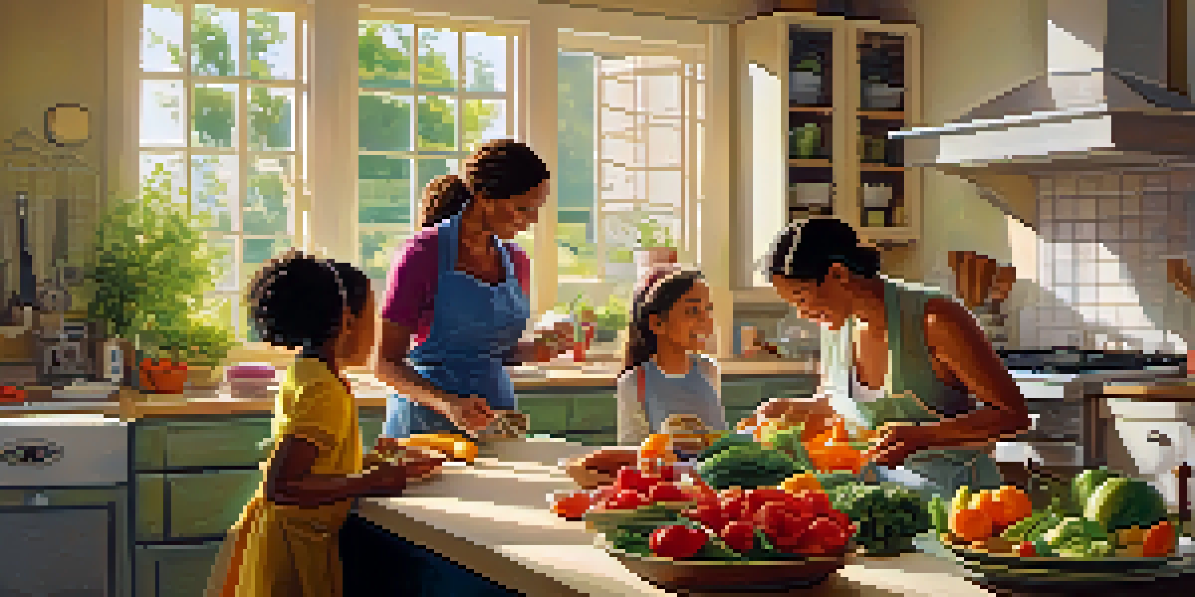 A family gathered in a cozy kitchen, cooking a healthy meal together with fresh ingredients and sunlight shining through the window.