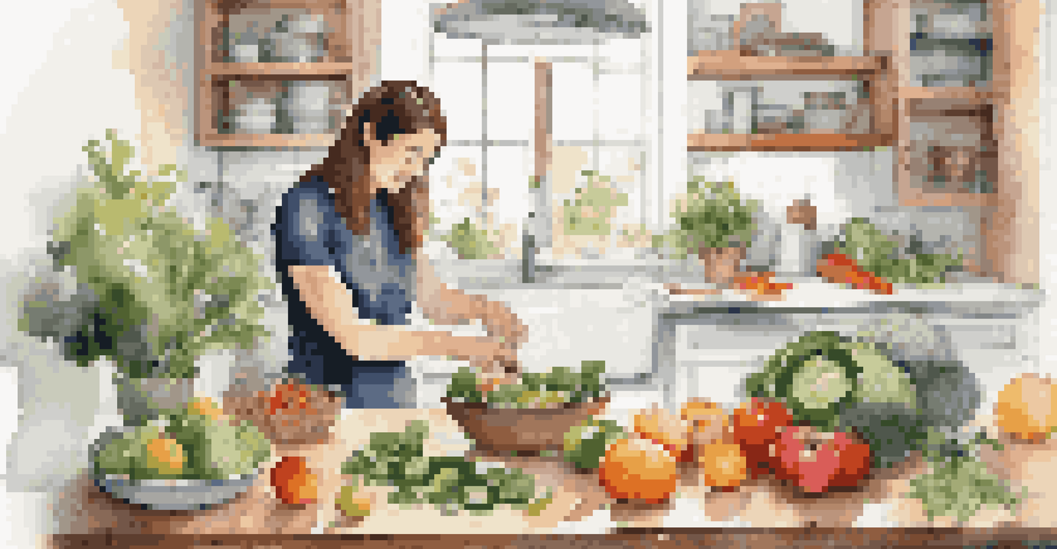 A person joyfully preparing a healthy meal in a bright kitchen filled with fresh produce.