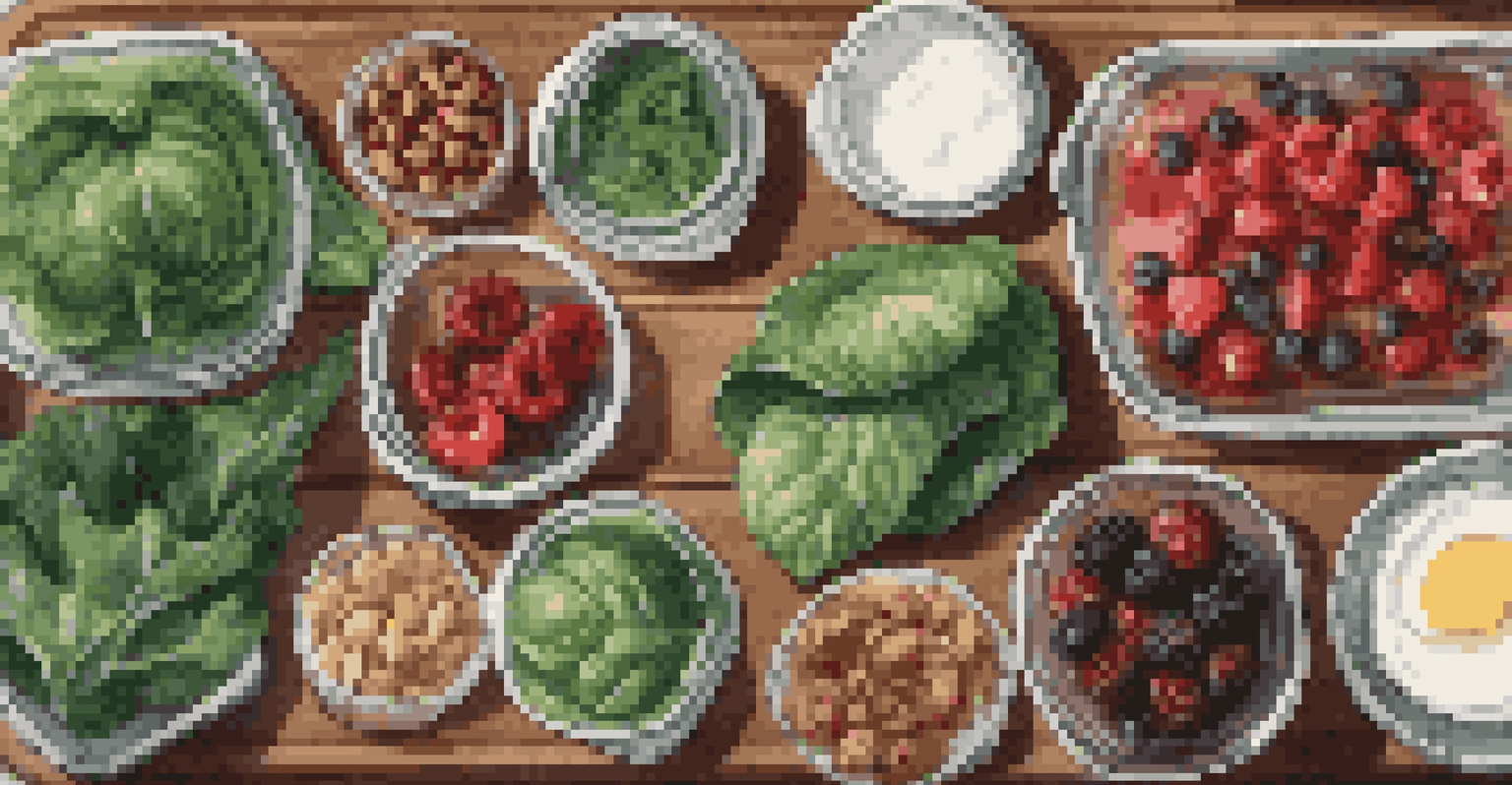 An organized meal prep scene with colorful ingredients like greens, berries, and yogurt on a wooden countertop.