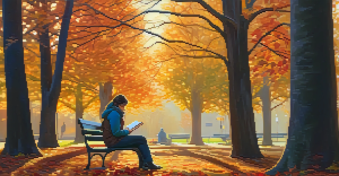 A person sitting on a park bench, writing in a journal during golden hour, surrounded by colorful fall leaves.