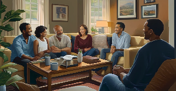 A cozy living room scene with family members discussing their health history, surrounded by warm lighting and family portraits.