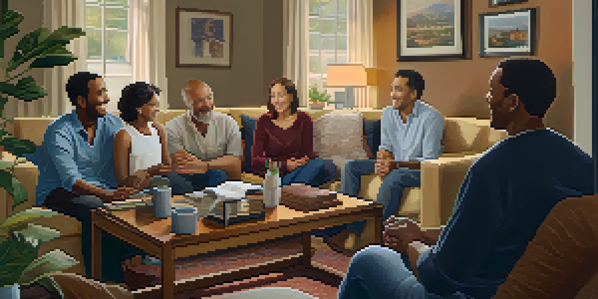 A cozy living room scene with family members discussing their health history, surrounded by warm lighting and family portraits.