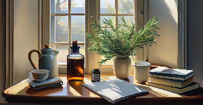 A cozy study area with rosemary essential oil bottles, books, and a cup of tea, illuminated by warm sunlight.