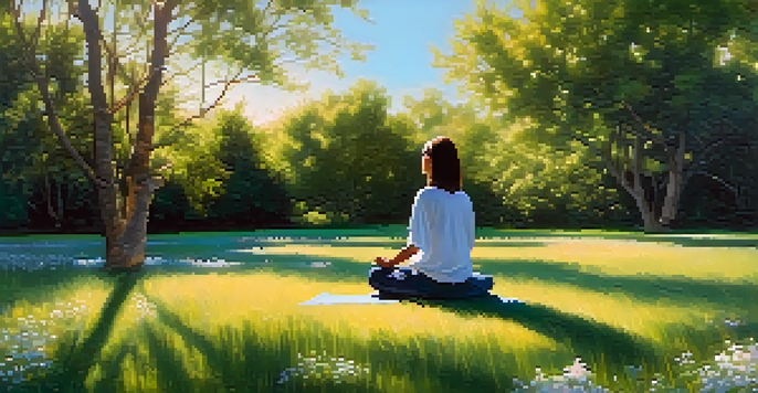 A person meditating in a beautiful garden filled with flowers and sunlight.