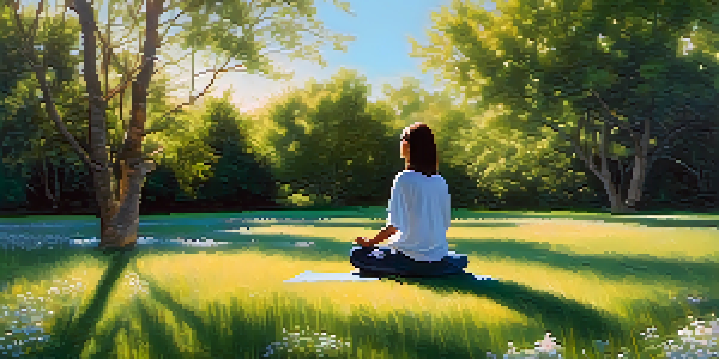 A person meditating in a beautiful garden filled with flowers and sunlight.