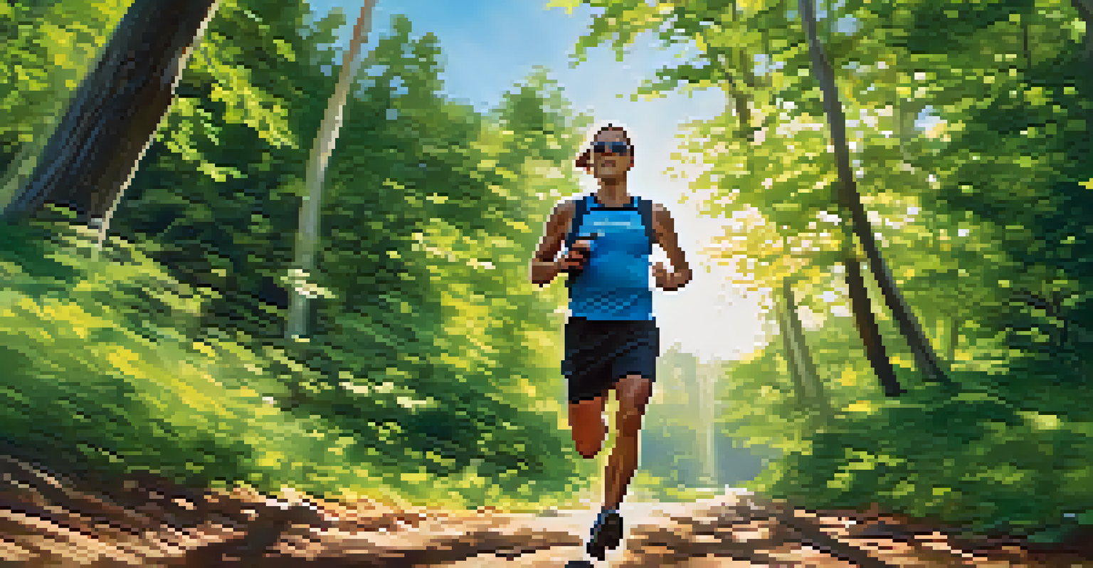 An athlete running on a scenic trail, holding a sports drink, surrounded by trees and a blue sky.
