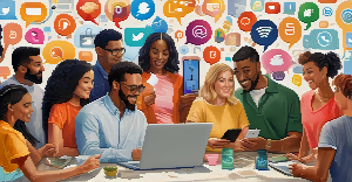 A diverse group of people discussing mental health on social media, with colorful speech bubbles and warm lighting.