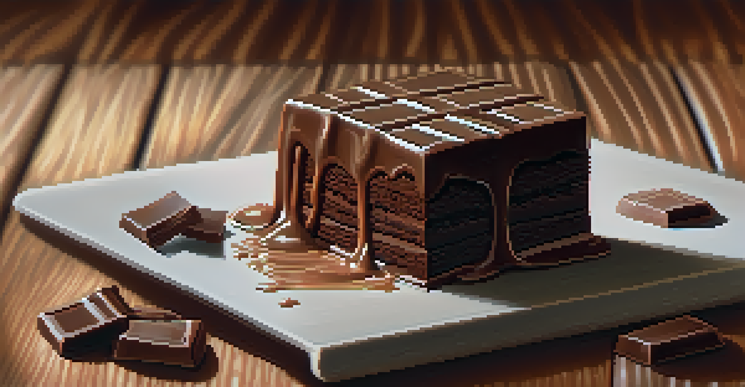 Close-up of a piece of dark chocolate on a wooden table with soft lighting.