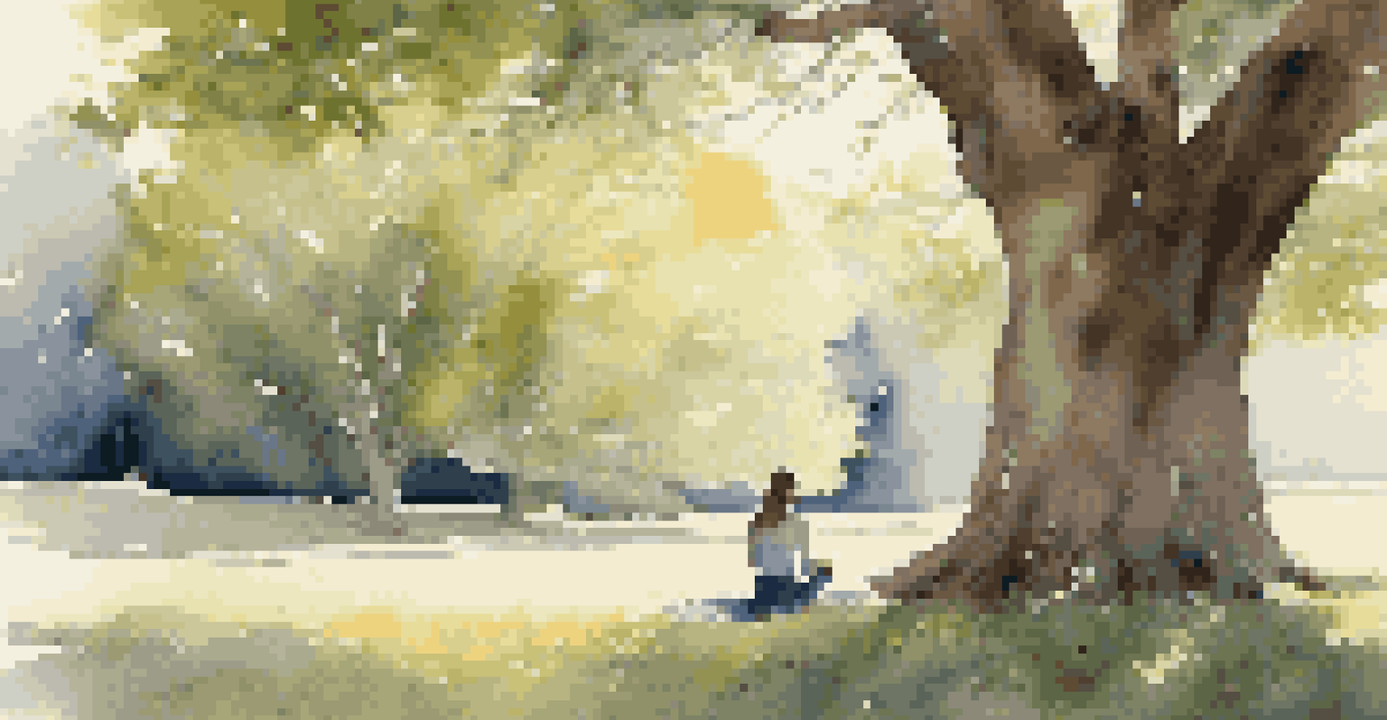 A person sitting cross-legged outdoors under a tree, practicing deep breathing amidst blooming wildflowers and dappled sunlight.
