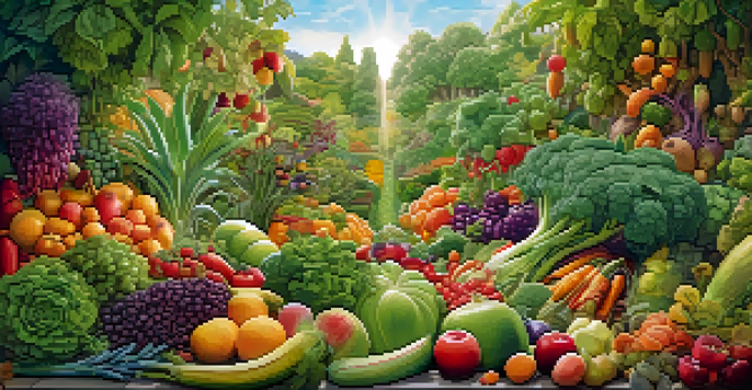 A colorful garden representing a healthy gut microbiome, with fruits and vegetables and friendly microorganisms caring for the plants, illuminated by soft sunlight.