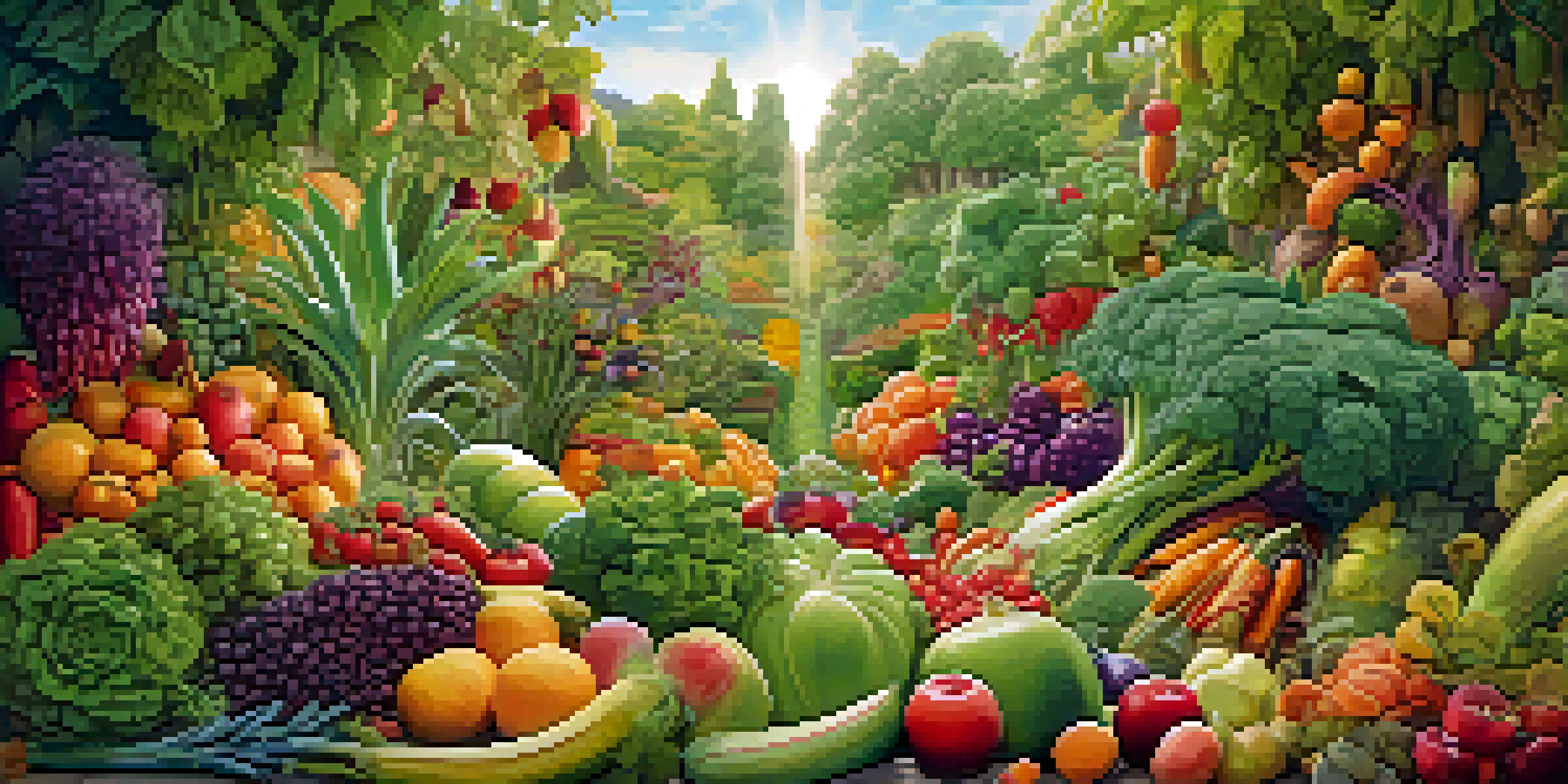 A colorful garden representing a healthy gut microbiome, with fruits and vegetables and friendly microorganisms caring for the plants, illuminated by soft sunlight.
