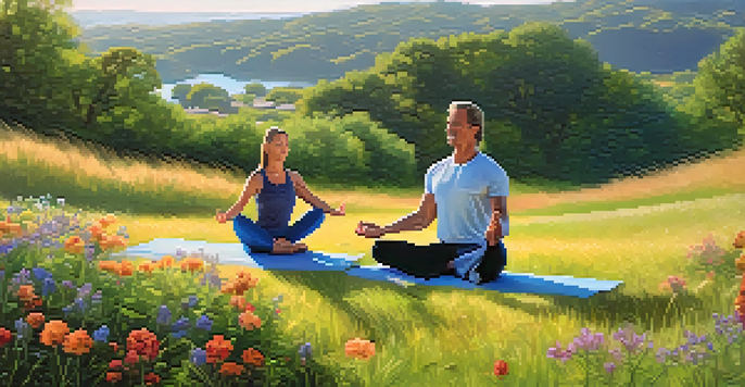 A health coach guiding a client in yoga on a sunny hill surrounded by wildflowers.