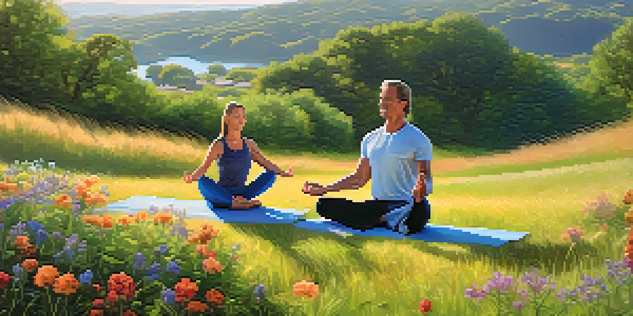 A health coach guiding a client in yoga on a sunny hill surrounded by wildflowers.