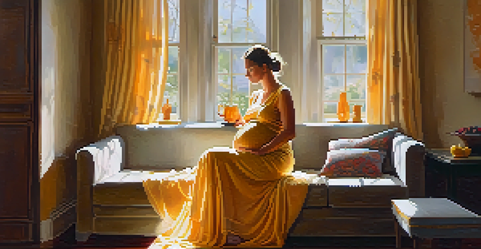 A pregnant woman sitting on a sofa, drinking ginger tea in a sunlit room filled with soft textures and warm light.