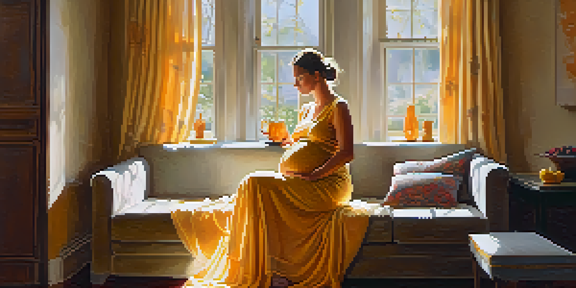 A pregnant woman sitting on a sofa, drinking ginger tea in a sunlit room filled with soft textures and warm light.