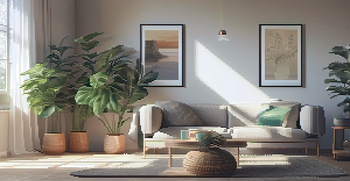 A person sitting on a couch with a blanket and a cup of tea, in a softly lit living room.