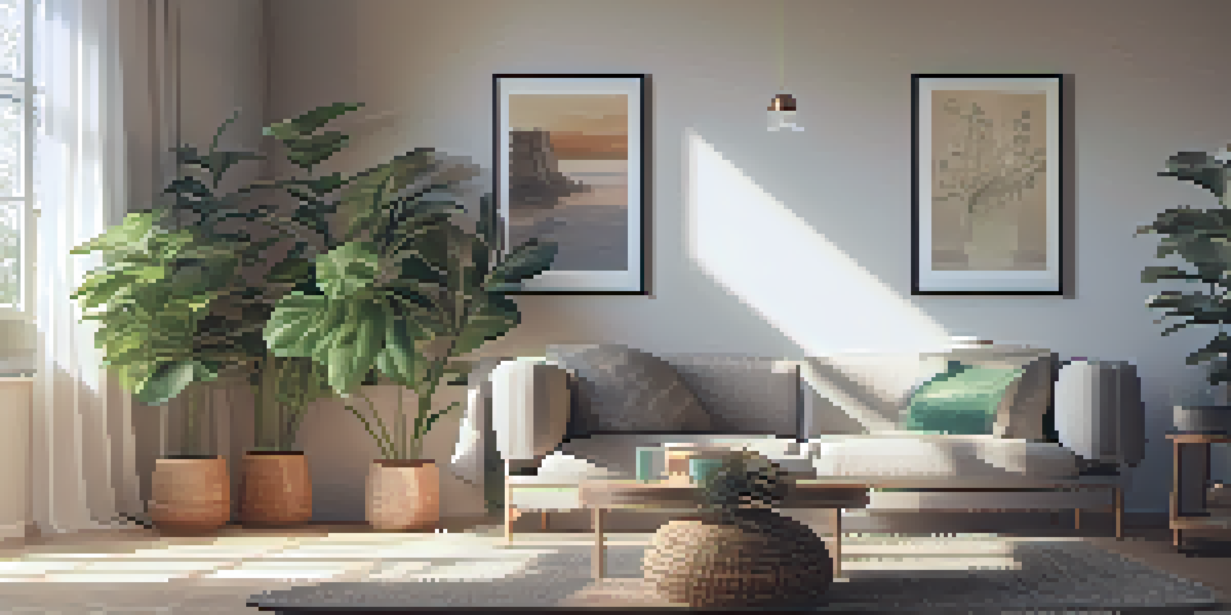 A person sitting on a couch with a blanket and a cup of tea, in a softly lit living room.