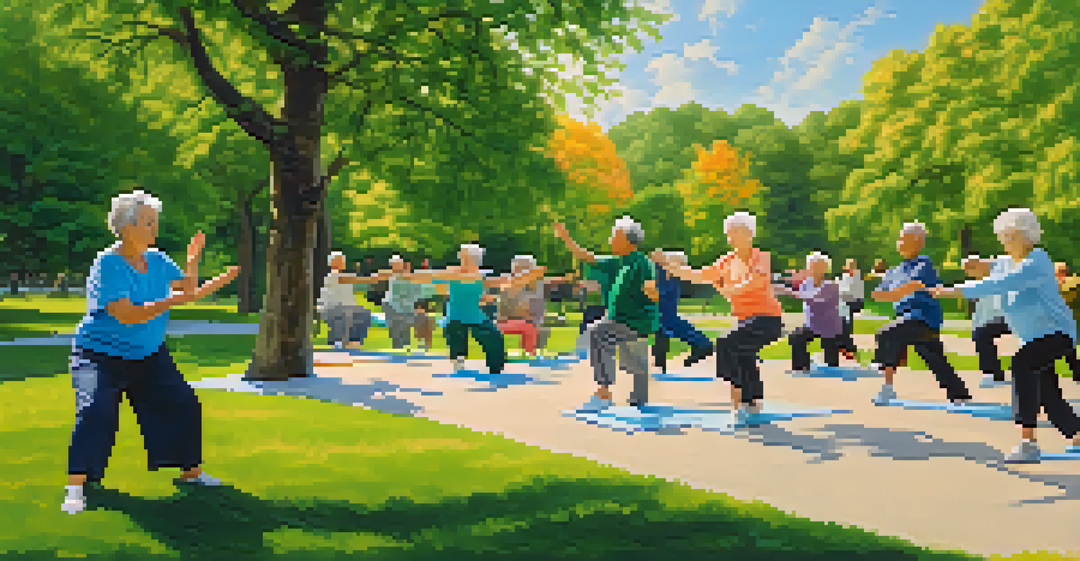 A group of elderly individuals practicing tai chi in a park, surrounded by green trees and a blue sky.
